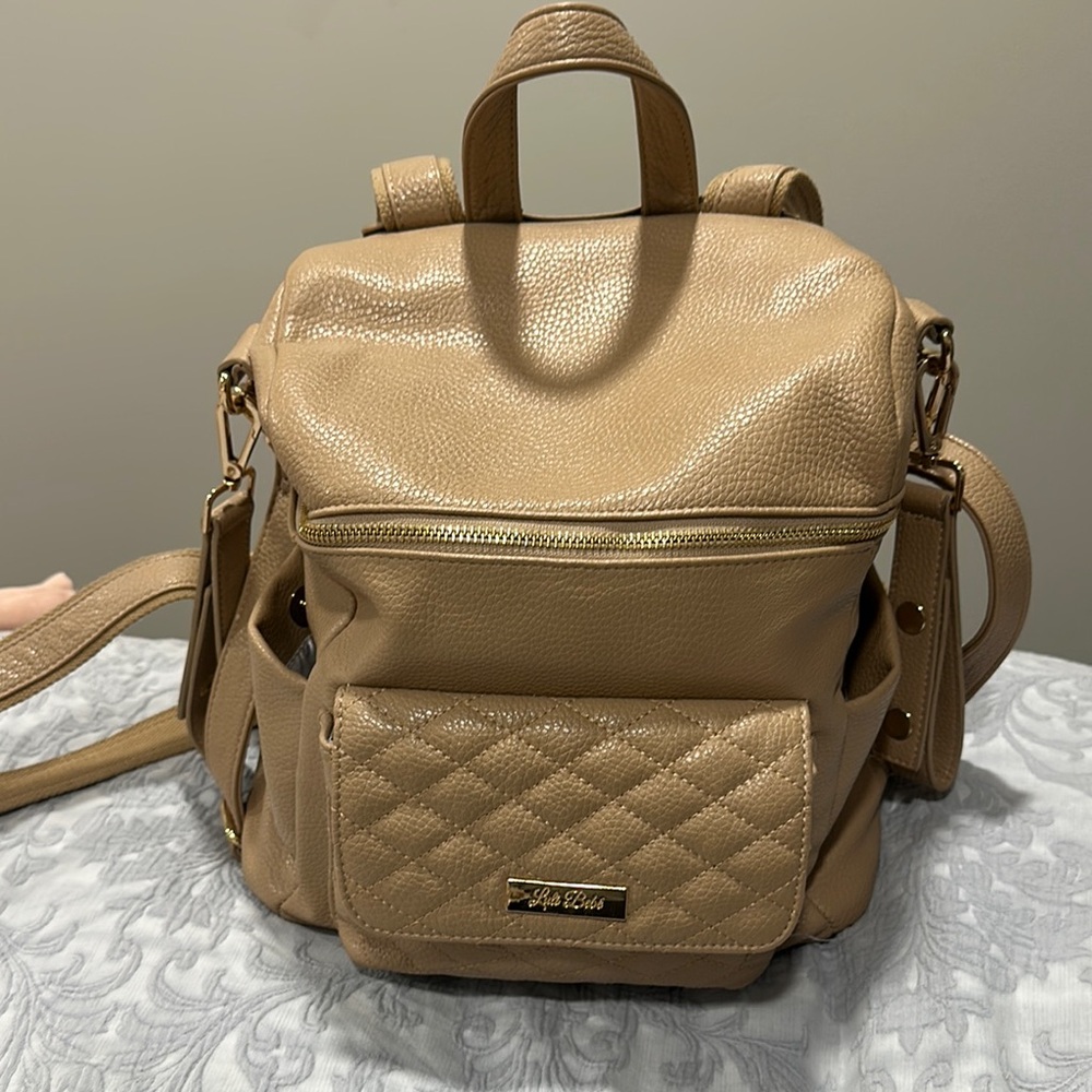 Luli Bebe Tan Quilted diaper Backpack with Structured Design and stroller straps